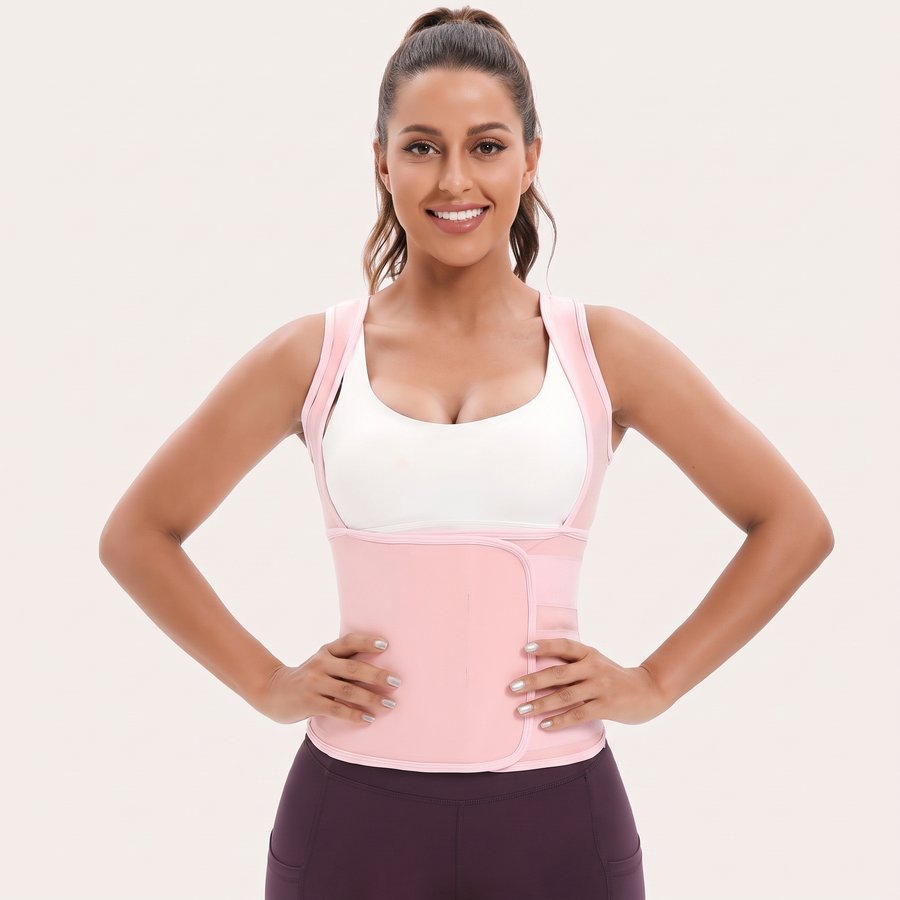 A woman wearing the pink Sweat Vest with its waist wrap closed